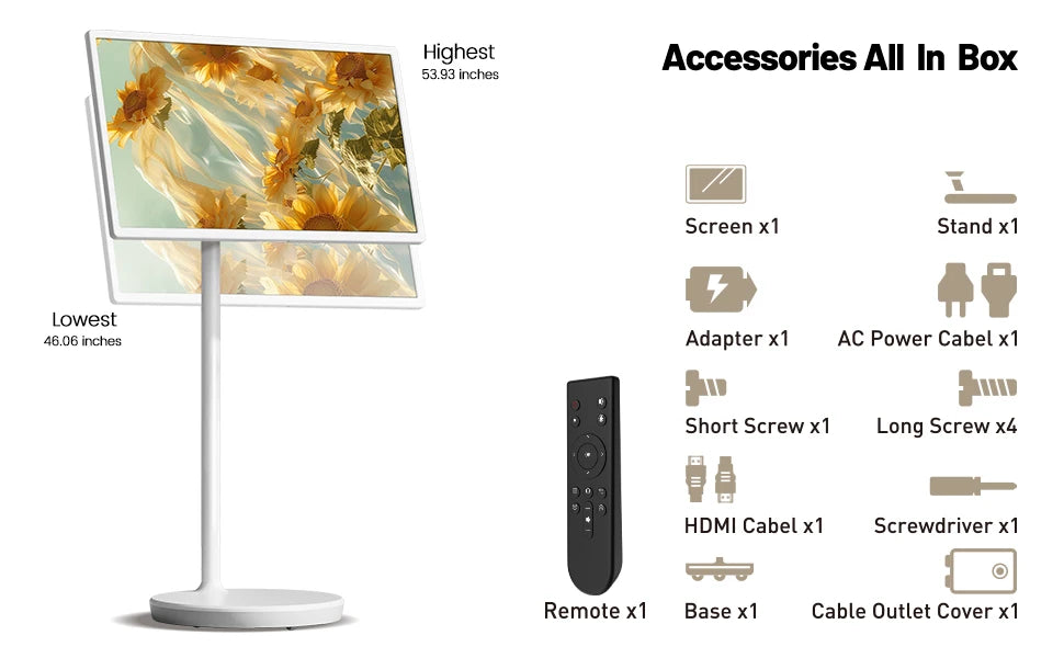24 Inch Portable Smart TV on Wheels Wireless Interactive Monitor Free Standing Mobile Display for Indoor Use Home Office