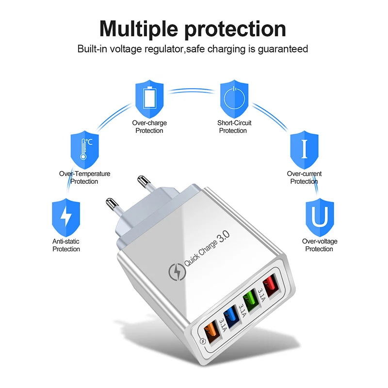 LUXE LINE 4-Port USB Quick Charger – EU/US 3A Wall Adapter