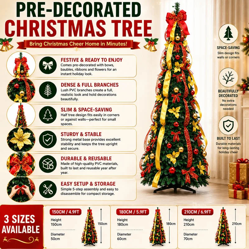 Pre-Lit Red & Gold Decorated Christmas Tree