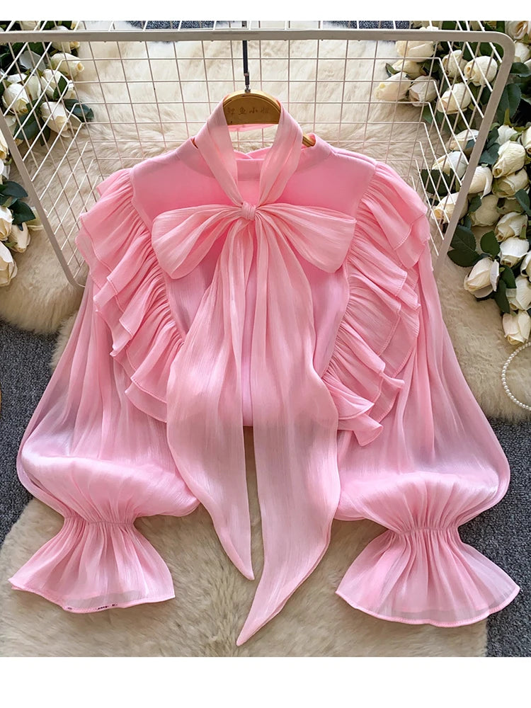 Women Blouse Elegant Bow-detailed Chiffon Blouse Ruffle Hem Featuring Lghtweight Layering Piece Spring Summer Blusa Top BL341