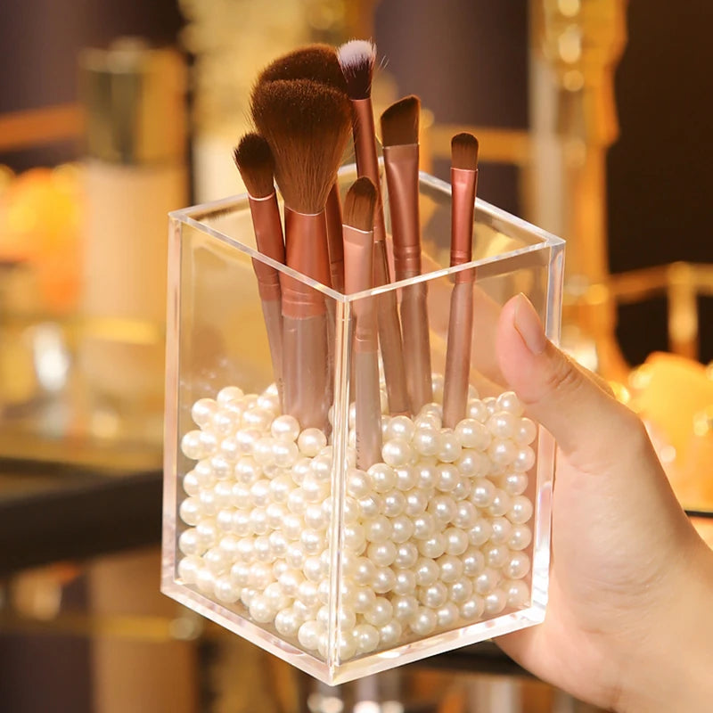 LUXE LINE Makeup Brush Pot with Brushes Storage – Acrylic Cosmetic Holder & Desk Organizer