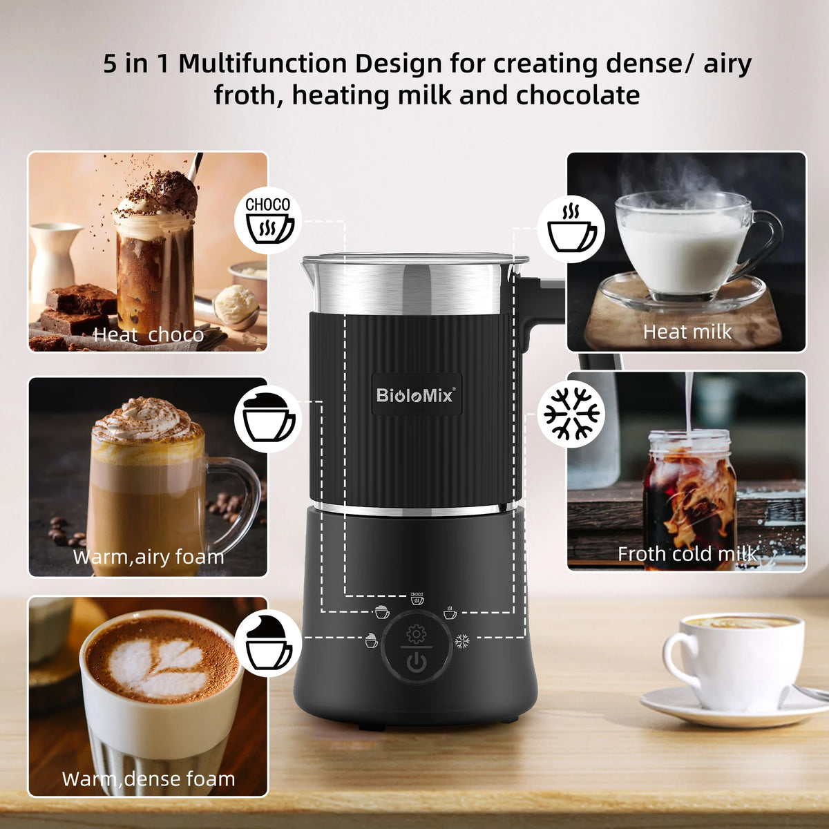 BioloMix 5-in-1 Electric Milk Frother & Steamer