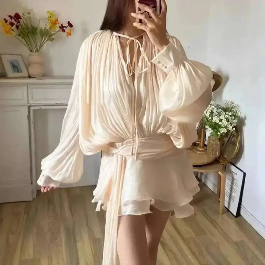 Beige Lace-Up Mini Dress