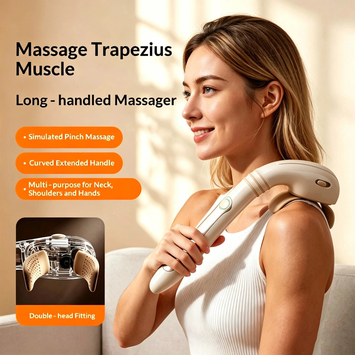 Long Handle Ergonomic Handheld Massager, Portable Simulated Kneading, Relieve Shoulder Neck Discomfort