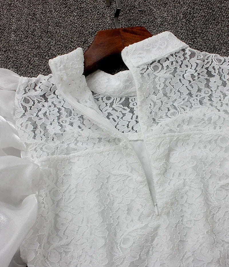 White Lace Ruffle Sleeve Blouse Top